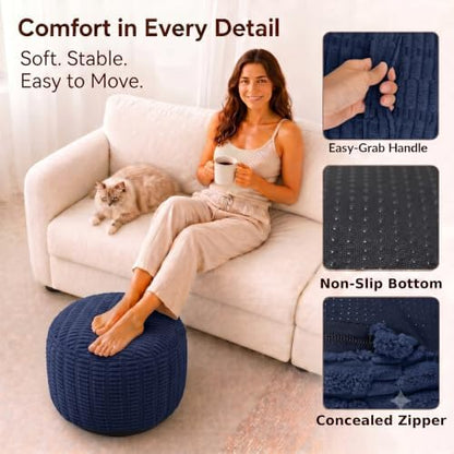 Round Pouf Ottoman, Navy Blue, 20"x13", Corduroy Foot Rest