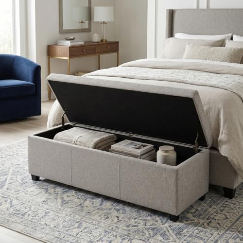 SIMPLIHOME Avalon 48" Wide Linen Look Fabric Storage Ottoman in Cloud Grey