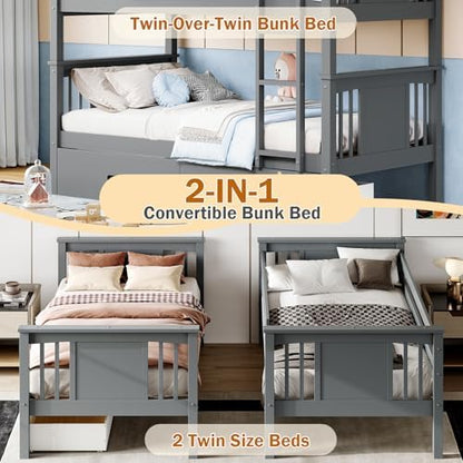 FUQARHY Solid Wood Twin-Over-Twin Bunk Bed with 2 Storage Drawers