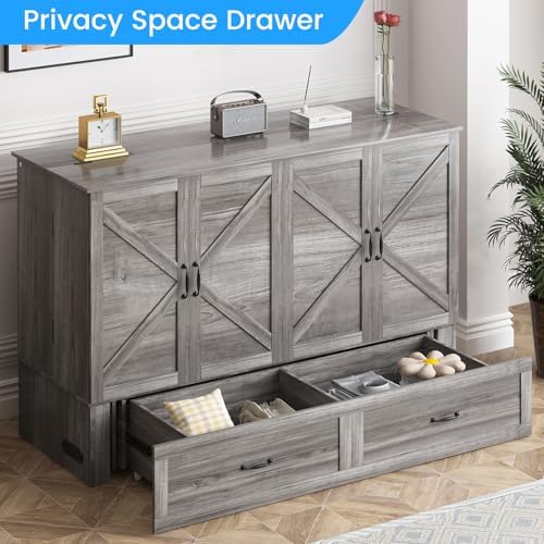 PUREMIND Queen Size Murphy Bed with Mattress, Wood Frame Cabinet Beds with Charging Station & Storage Drawers, Space Saving Hidden Cabinet Bed for Guest Room, Home Office, Apartment, Grey