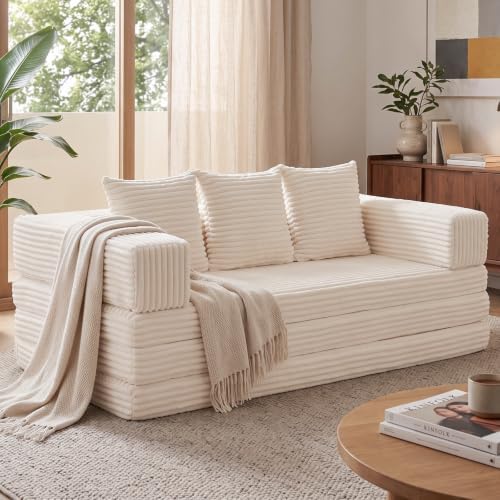78" Convertible Sofa Bed Couch，Modular Corduroy Boneless Sofa with Removable Armrests Backrest，Folding Mattress Couch No Assembly Needed for Living Room,Apartment, Guest Room（Beige）