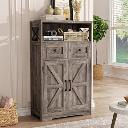 Grey Farmhouse Storage Cabinet with Doors and Drawers, Small Pantry Cabinet