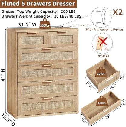 LEYAOYAO Rattan Dresser for Bedroom, 41" Tall Chest of Drawers