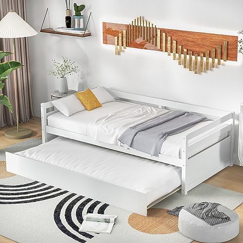GIANTEX Twin Daybed with Trundle White, Wood Trundle Bed with Wood Slat Support, Mid Century Day Bed Frame for Living Room Guest Room, No Box Spring Needed