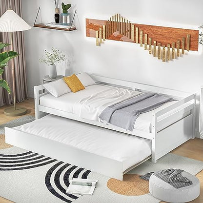 GIANTEX Twin Daybed with Trundle White, Wood Trundle Bed with Wood Slat Support, Mid Century Day Bed Frame for Living Room Guest Room, No Box Spring Needed
