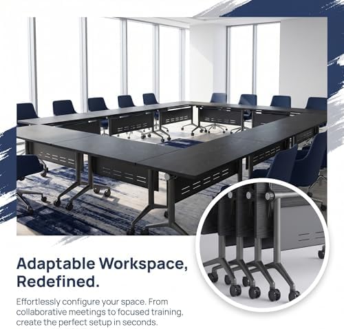Folding Conference Table, Conference Room Tables with Wheels Foldable Large Rectangle Meeting Seminar Table for 6-12 People, Flip Top Mobile Training Table for Office Classr (4, Black 5, 55.1in)