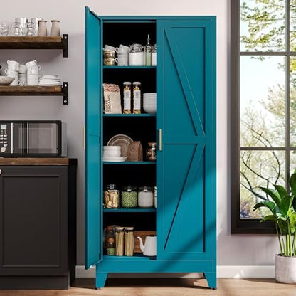 71" H Blue Metal Pantry Cabinet with Doors,Freestanding Kitchen Pantry Cabinet,Farmhouse Food Storage Cabinets,Tall and Large Pantry Cabinets for Kitchen, Dining Room, Living Room