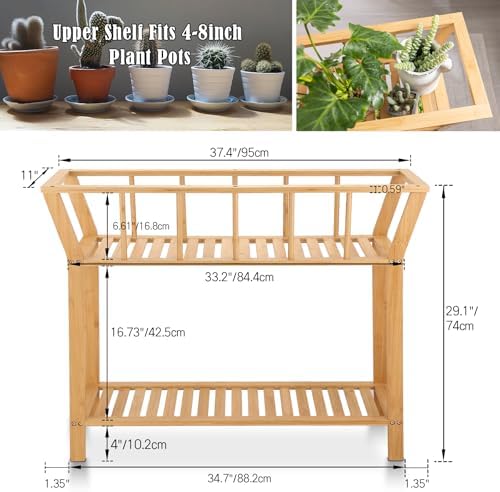 Nnewvante Bamboo Plant Stand Indoor 37.4"x11" 2 Tier Tall Organizer Shelf
