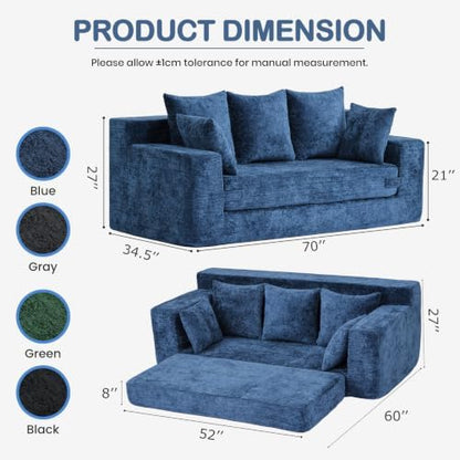 4-in-1 Boneless Sofa Bed, 70 inch Boneless Couch with Storage Pocket & 5 Pillows, Plush Velvet Couch for Living Room, Guest Room, Small Space