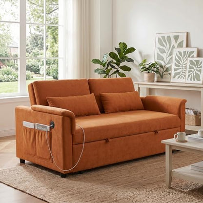 Sofa Bed, Pull Out Couch with Side Pockets, 3 in 1 Velvet Loveseat Sleeper Sofas Beds with USB Ports, Sofa Bed Couch with Adjustable Backrest for Living Room, Bedroom, Apartment, Orange