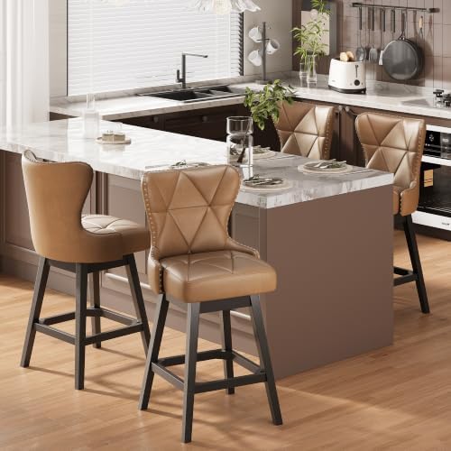 MALOL Swivel Counter Height Bar Stools Set of 4, Tall Faux Leather Barstools, Modern Bar Chairs with Solid Back and Wood Legs for Kitchen Island，Brown