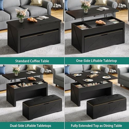 YITAHOME Lift Top Coffee Table Set with Storage Ottoman Bench & Wheels, 4 in 1 Convertible Dinning Center Tables with Hidden Compartment, Farmhouse Coffee Tables for Living Room Furniture, Black