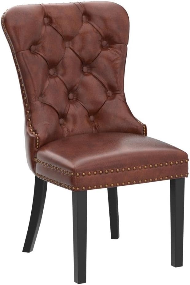 EALSON Modern Dining Chairs Set of 2 Mid Century Leather Dining Room Chairs with Wood Legs Tufted Upholstered Kitchen Side Chairs with Nail Head Trim for Dining Room/Living Room, Brown with Ring