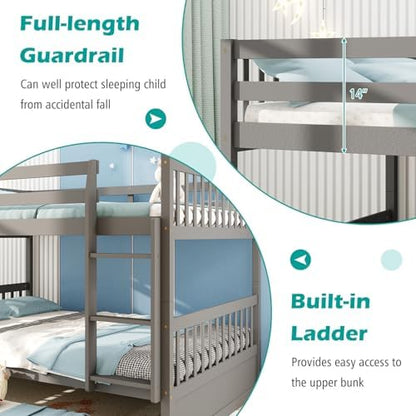 GIANTEX Full Over Full Bunk Bed with Trundle, Solid Wood Trundle Bed Frame w/Guardrails and Ladder, Convertible to 2 Beds, Full Size Bunk Beds for Adults Kids Teens, No Box Spring Needed, Grey