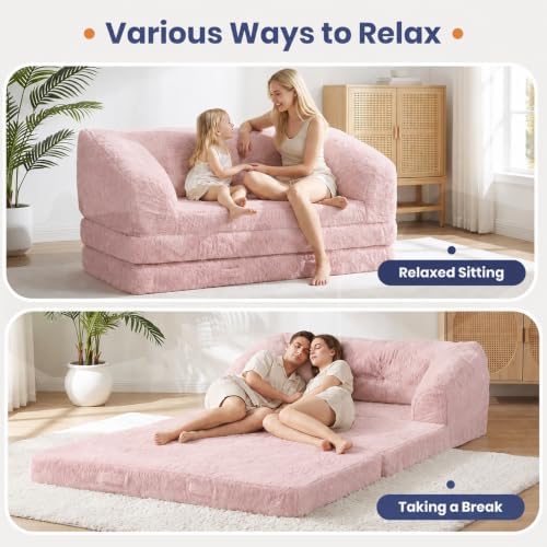 Convertible Folding Sofa Bed, 2 in 1 Portable Floor Couch & Foam Mattress with Handle, Space-Saving Faux Fur Futon Chair for Living Room, Bedroom, Guest Room (Loveseat, Pink)