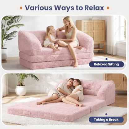 Convertible Folding Sofa Bed, 2 in 1 Portable Floor Couch & Foam Mattress with Handle, Space-Saving Faux Fur Futon Chair for Living Room, Bedroom, Guest Room (Loveseat, Pink)