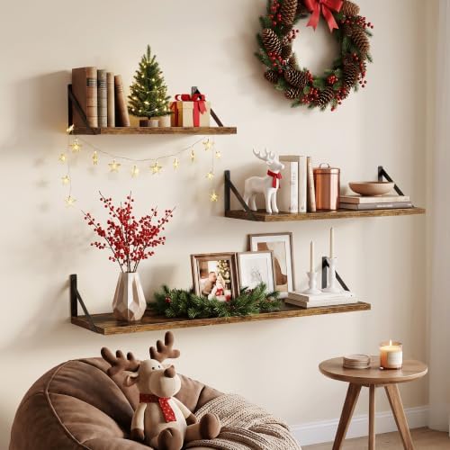 Extra Long Floating Wall Shelves, 48 x 8 Inches, Set of 3 Large Wood Floating Bookshelves with Metal Brackets for Storage & Display (Rustic Brown)