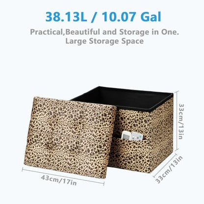 AmasSmile Ottoman with Storage,17" Folding Velvet Foot Rest Chest,Leopard
