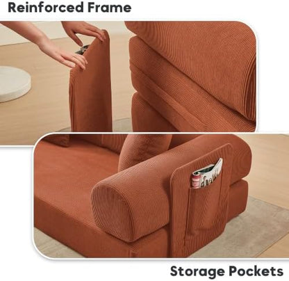 107" Modular Sectional Sofa Bed, L-Shape Corduroy Boneless Couch, Orange