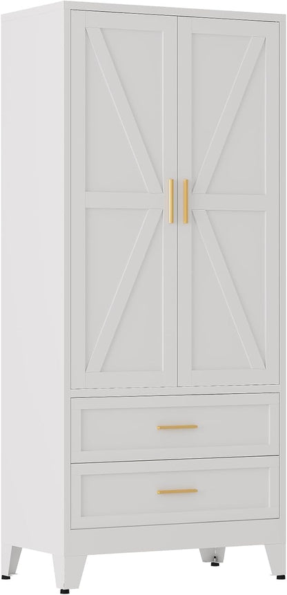 QINPTWUT 71" Tall Metal Wardrobe with Doors, Hanging Rod & Adjustable Shelf, Freestanding Steel Armoire for Bedroom Home Office, 2-Drawer White
