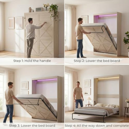Full Murphy Bed, Cabinet Wall Beds, Modern Vertical Murphy Chest Beds with Durable Gas-Lift, Space-Saving Hidden Cabinet Guest Bed with 16 Colors of LED Lights for Bedroom, Apartment - Wood