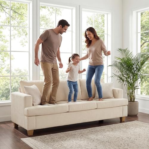 Apicizon 89" 3 Seater Modern Sofa, Chenille Couch for Living Room, Comfy Couch Sofa with Removerable Cushion for Office Bedroom, White