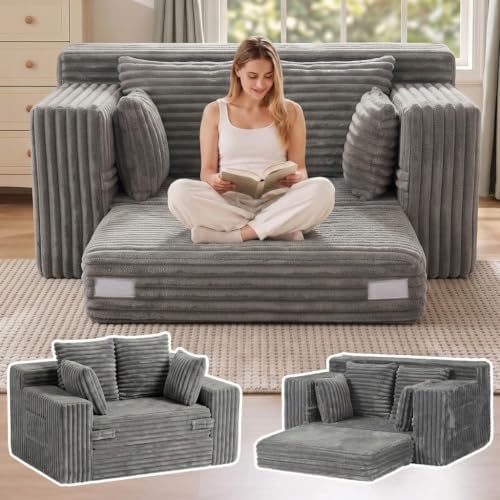 54" Boneless Couch Loveset Sofa Bed Sectional Couches for Bed Room Cloud Convertible Boneless Couch with Pull Out Couch Bed, Removable Floor Sleeper, Side Pockets & 4 Pillows, No Assembly Required
