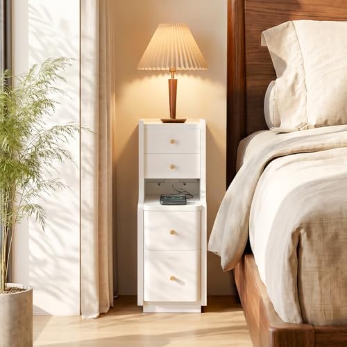 Narrow Nightstand with 4 Drawers, 7.9" Solid Wood Narrow Bedside Table White with Open Shelf & Cable Hole, Modern Night Stand Slim Bedside Table for Bedroom(Fully Assembly)