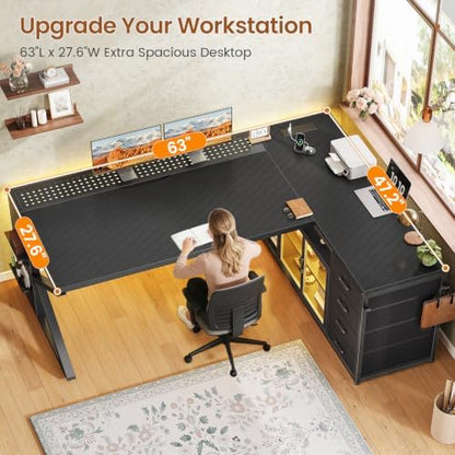 SEDETA 63"x27.6" L Shaped Gaming Desk with 4 Drawers, Carbon Fiber Black