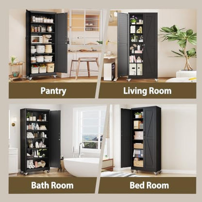 Metal Storage Cabinets with Wheels, Steel Tool Cabinets Lock Door and 5 Adjustable Shelves for Home Office, Garage, Kitchen (Black, 74.8" H)