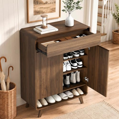 Pamapic Shoe Cabinet with 2 Doors,Shoe Storage Cabinet with 1 Drawer & Rounded Corner,4‑Tier Shoe Rack with Adjustable Shelves,Wooden Shoes Cupboard for Living Room, Entryway,Hallway,Walnut