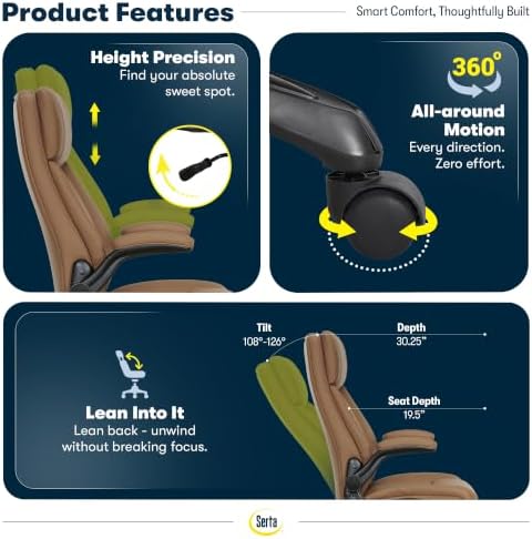 Serta Big and Tall Office Chair with Lumbar Support, Flip Arm Leather Chair