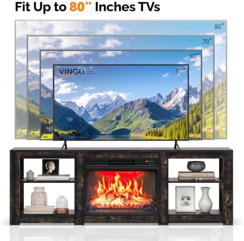 VINGLI 70" Fireplace TV Stand for up to 80 inch TVs, Dark Rustic Oak