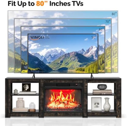 VINGLI 70" Fireplace TV Stand for up to 80 inch TVs, Dark Rustic Oak