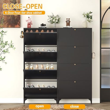 Slim Shoe Cabinet with 4 Flip Drawers,Narrow Shoe Storage Cabinet,Freestanding Organizer,Metal Hidden Shoe Storage for Entryway,Hallway,Living Room (4 Door Width 700, Black)