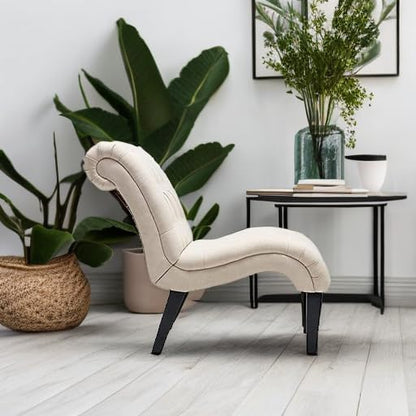 Mid Century Modern Accent Chair, Button Tufted Armless Lounge Chair, Upholstered Linen Side Chair with Solid Wood Legs for Bedroom, Living Room, Office