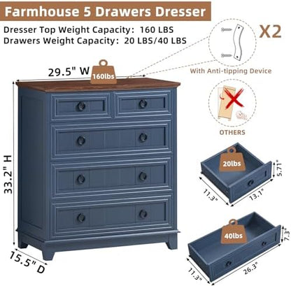 Joaxswe Farmhouse 5 Drawer Dresser for Bedroom Set of 2, 33.2" Tall Small Dressers & Chest of Drawers, Rustic Wood Dresser with Metal Handle, Storage Organizer Closet for Living Room, Hallway,Entryway