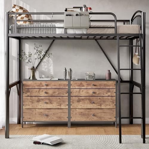 Decofy Metal Loft Bed Twin Size, Heavy Duty Loft Bed with Bedside Caddy, EVA Anti-Slip Ladder with Sturdy Guardrails, Space-Saving Twin Size Loft Bed for Teens & Adults for Bedroom Dorm (Dark Black)