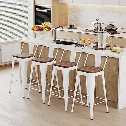Bar Stools Set of 4 Metal Bar Stool Counter Height Bar Stools White, Modern Bar Chairs with Back and Wooden Seat 30" Bar Stool Counter Height