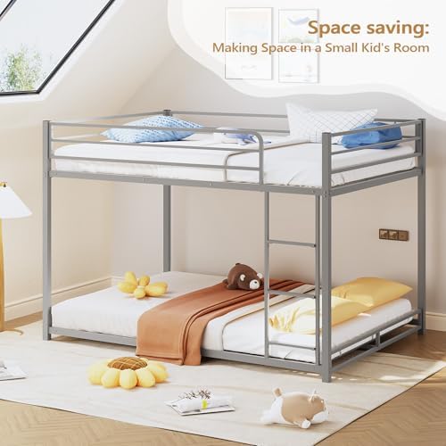 JOYMOR Bunk Bed Full Over Full, ASTM-Certified Twin Bed for Kids (Silver)