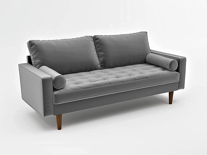 Container Furniture Direct Womble Mid Century Modern Velvet Upholstered Tufted Seat with Bolster Pillows, Sofa, Grey