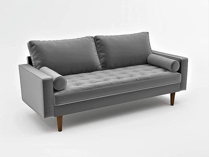 Container Furniture Direct Womble Mid Century Modern Velvet Upholstered Tufted Seat with Bolster Pillows, Sofa, Grey