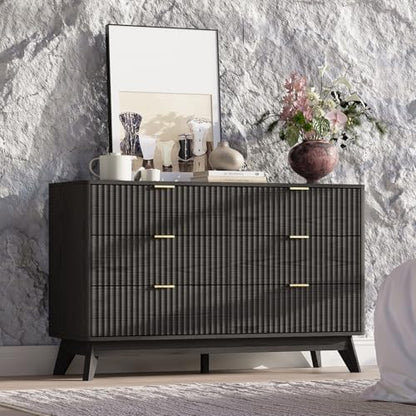 47" Wide Fluted 6 Drawers Dresser for Bedroom,with Curved Edge,Balck