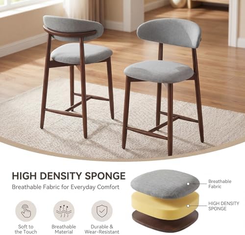 MALOL Counter Height Bar Stools Set of 6, Kitchen Bar Stools with Back, Mid Century Modern Upholstered Barstools with Wood Legs for Kitchen Island Dining Room, Light Grey