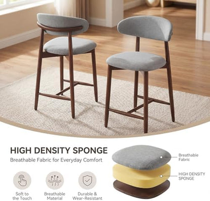 MALOL Counter Height Bar Stools Set of 6, Kitchen Bar Stools with Back, Mid Century Modern Upholstered Barstools with Wood Legs for Kitchen Island Dining Room, Light Grey