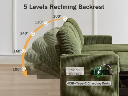 Vipbear 104" Sectional Sleeper Sofa Bed with Pull Out Bed, U Shaped Couch Pull Out Couch with Reclining Backrest, Reversible Storage Chaise, USB Ports, Tool-Free Assembly, Corduroy Green