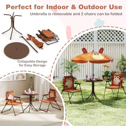 Costzon Kids Picnic Table, Kids Outdoor Table with 2 Folding Chairs, Height Adjustable Umbrella, Portable Children Outdoor Furniture for Patio, Garden, Backyard (Brown)