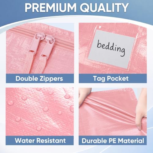TICONN 2 Pack Extra Large Moving Bags Heavy Duty with Zippers & Carrying Handles, Durable Storage Bags Moving Boxes for Closet Organizers and Storage (2 Pack, Coral)