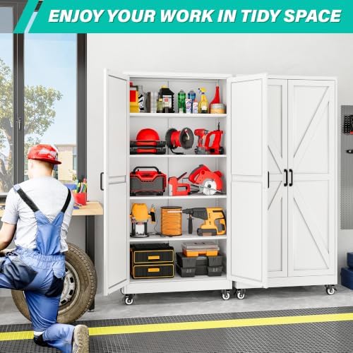 SISESOL 71" Tall Metal Storage Cabinet with Wheels,Rolling Garage Storage Cabinet,White Metal Cabinets with Wheels and Shelves, Deep Heavy Duty Tool Cabinet for Garage,Home,Office,Shop