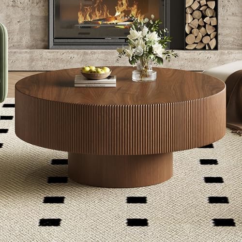 Merax Modern 35.4 Inch Round Large Coffee Table with Sturdy Base, Walnut
